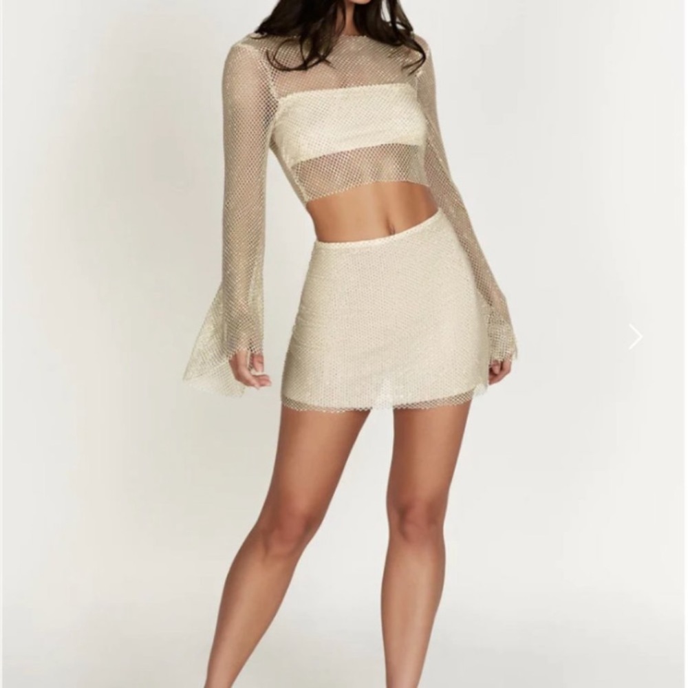 Meshki Hilton Diamanté cream mini Skirt & Top matching Set
